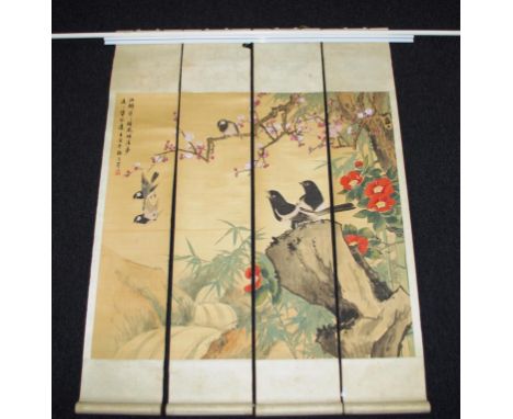 Chinese four part bird scroll character marks verso to each scroll, height 98cm X width 20cm approx each scroll