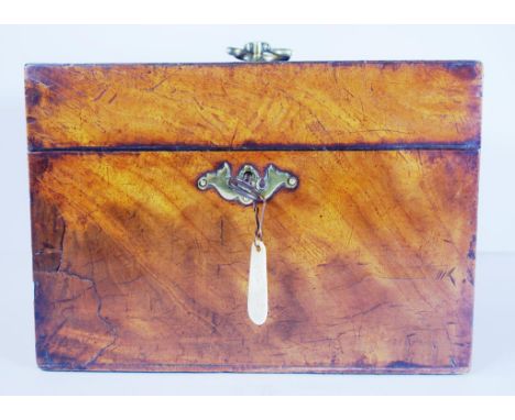 George III Tea caddy / box flame mahogany with original axe head handle to lid, c1780