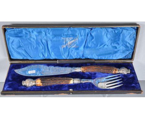 Vintage cased set silver plate fish servers fish serving knife and fork, antler handles, with engraved silver plate blades an