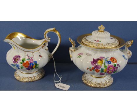 Vintage Meissen cream jug & sugar bowl hand painted floral decoration, each marked to base. Height 12cm approx (each).