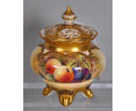 Royal Worcester handpainted lidded pot pouri jar with fruit and berry decoration, signed, height 11cm approx