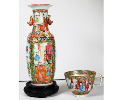 Chinese Canton famille rose vase & stand figures and floral decorated, (height 25cm approx), with carved wood stand; together