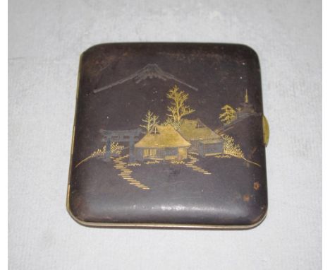 Japanese Damascene cigarette case with traditional landscape scene