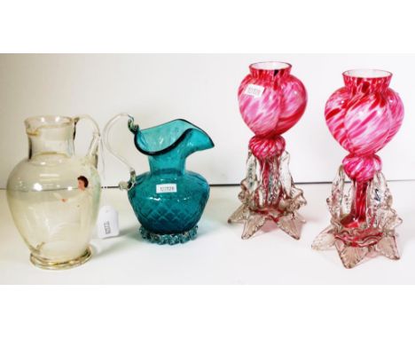 Pair Victorian glass vases each of mottled pink glass bowls, on clear glass supports, (height 18cm approx, each); together wi