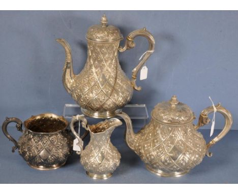 Victorian 4 piece sterling silver coffee/tea set to include a teapot, coffee pot, sugar and creamer, with ornate in relief fl