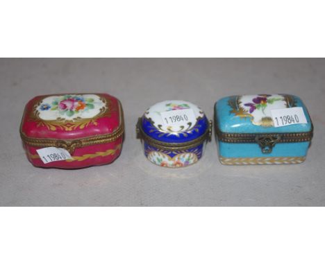 Three various French trinket boxes all with hand painter floral decoration and gilt metal fittings, width 6cm approx (widest)