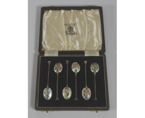 Set of six sterling silver and enamel coffee spoon hallmarked Birmingham 1932, maker: Henry Clifford Davis, with floral decor