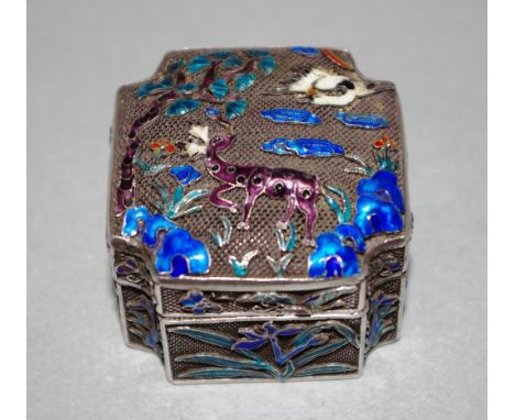 Chinese silver & enamel cricket box enamel decoration of a deer in forest, to lid and sides, on pierced silver lidded box, ma