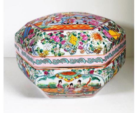 Chinese ceramic lidded famille rose bowl hexagonal shape, with decoration of figures in court scenes. Character mark to base.
