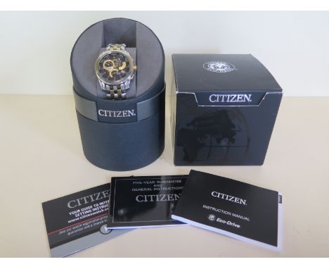 A Citizen Eco Drive Chronograph bracelet wrist watch, with box and instructions - running order, some usage marks 