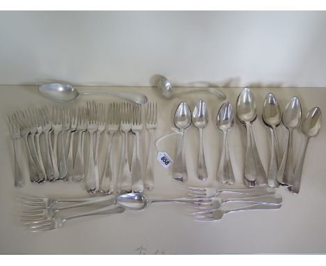 A set of 19th century, Dutch silver flatware, for servings of nine large forks, six 13 forks three pronged dessert forks with