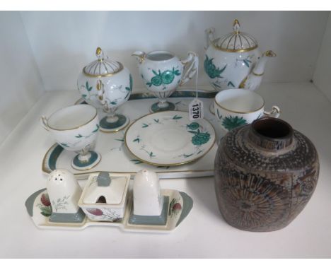 A 1960s Royal Copenhagen vase together with a tea set including a small teapot, a milk jug, a sugar bowl, two cups, one plate