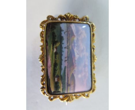 A good quality enamel landscape gilt metal brooch - marked Verso Geneve - 27mm x 43mm, some minor scratches, overall generall