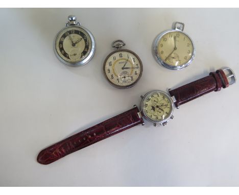 Three Vintage pocket watches , Oris, Ingersoll and Medana - and a gents Stauer chronograph Graves wrist watch - Ingersoll and