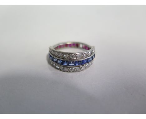 A ruby, sapphire and diamond ring, ring size M/N, approximately 4.6g, missing one ruby, please see images for condition 