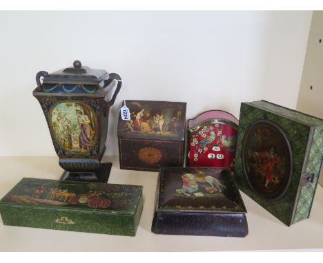 A collection of six vintage sweet and biscuit tins including Huntley and Palmer, Geroge Bassett, William Crawford etc 