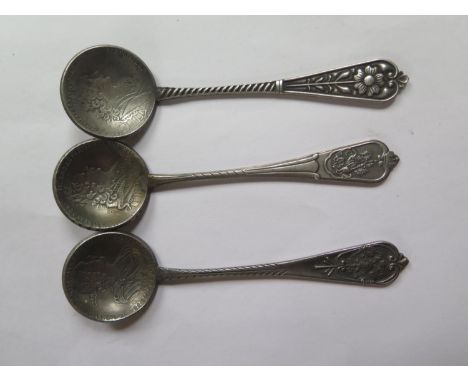 Three Russian Eighty-Four Silver coin spoons approx 14cm long, total weight approx 4.2 troy oz, marks clear generally good 