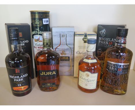 Five bottles of spirits including two bottles of Highland Park 12 year old malt whisky, a Dalwhinnie 15 year old malt, a Jura