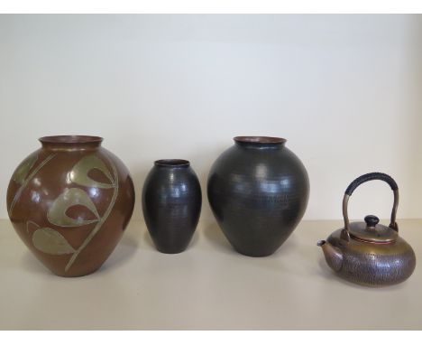 Foru pieces of Japanese Tsuiki Gyokusendo copper ware , three vases and a teapot - largest vase 19cm tall - all good conditio