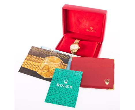 Rolex Datejust an 18ct gold lady's wristwatch the dial with raised baton numerals, baton hands, date aperture and signed Role