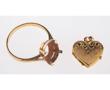 Two items of jewellery, a ring mount for an oval stone (no stone), mount bent, marked 9ct, size approx. N, 2.1grams; and a he