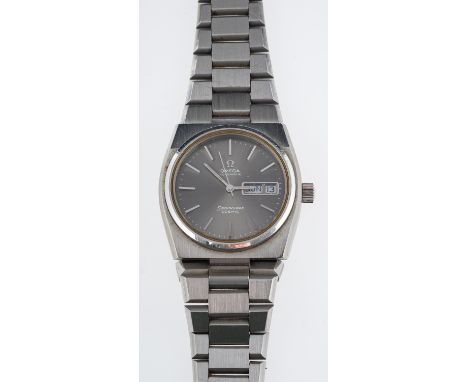 Omega Seamaster Cosmic a gentleman's 1970s wristwatch the grey dial with raised baton numerals, day and date apertures, and s