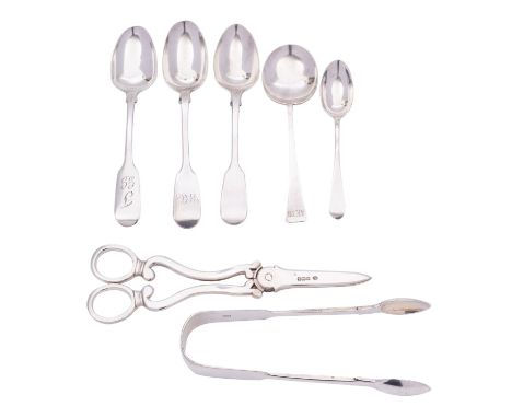 A group of silver flatware comprising: a slip top spoon by Thomas Bradbury & Sons Ltd, Sheffield, a pair of silver grape scis