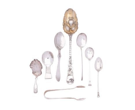 A mixed group of silver flatware comprising:: a George III silver berry spoon by Thomas and William Chawner, London 1759, tog