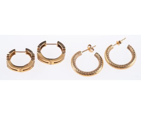 Two pairs of 9ct yellow gold hoop earrings, a pair of 9ct yellow gold rope twist half hoop earrings, post & butterfly fitting