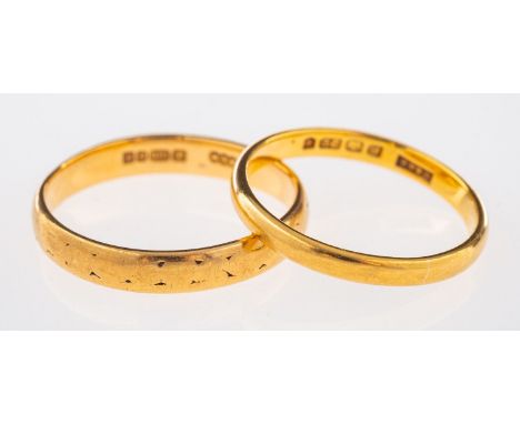 Two 22ct wedding bands, both D-shaped, UK hallmarked, sizes L 1/2 and K, total gross weight 4.9grams, (2).