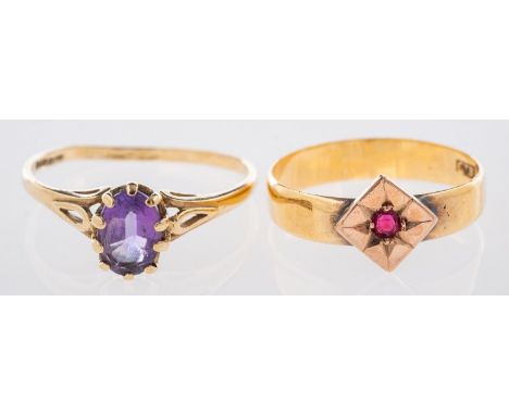 A Victorian ring and one other, an 18ct yellow gold Victorian ring set with a circular-cut red stone in a square-shaped 'star