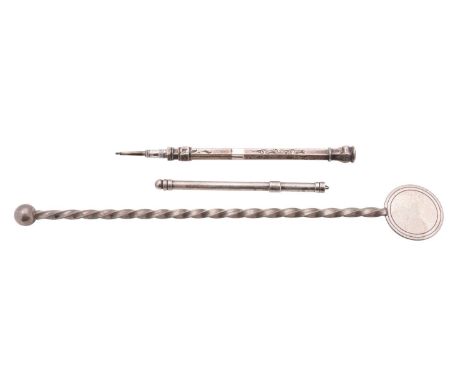 A late Victorian silver retractable pencil by Sampson Mordan & Co., unhallmarked, stamped S. MORDAN & Co MAKERS, scroll and f