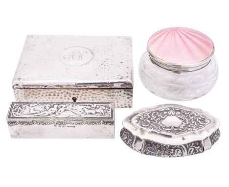 A George V silver and enamel dressing table jar by Albert Carter, Birmingham 1938, engine turned pink enamel, with a silver j