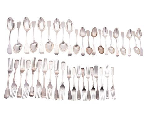 A matched canteen of Scottish Oar and Fiddle pattern flatware, comprising: nine table spoons by William Constable, Edinburgh 