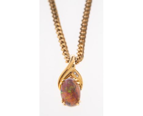 An opal and diamond pendant, claw set with an oval opal cabochon with two small brilliant-cut diamonds set to one side in the