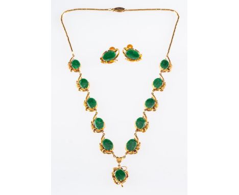 A necklace and earring set, a necklace of foliate and heart design set with eleven jade cabochons, marked 14k, Foreign hallma
