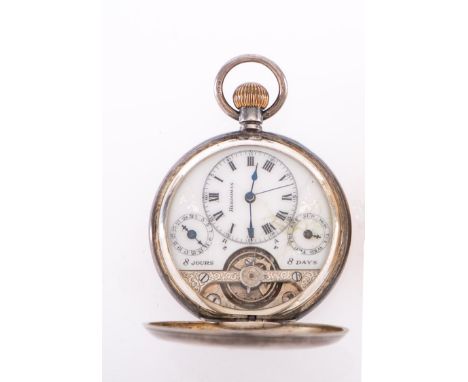 Hebdomas, a silver eight-day duration pocket watch signed within Spiral Breguet Levees Visibles the typical Hebdomas dial hav