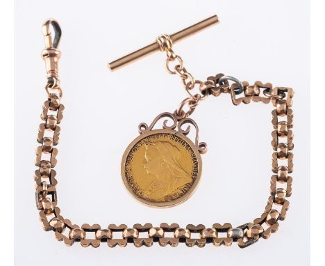 A Victorian sovereign and guard chain, a Victoria 1899 full sovereign in a gold mount, mark indistinct, on a fancy link guard