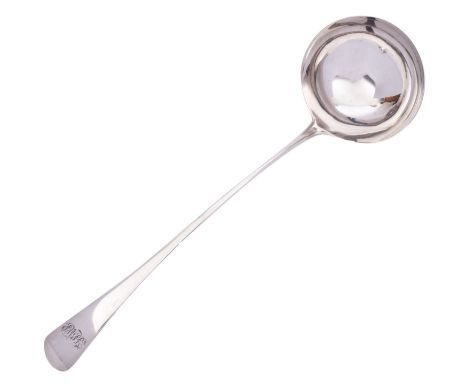 A George III silver Old English pattern soup ladle by Peter & Ann Bateman, London 1798, engraved initials, 34cm (13.7in) long