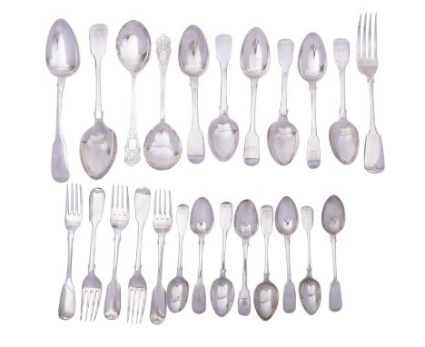 A matched part canteen of silver Fiddle pattern flatware, mostly early 19th century London comprising: two table spoons, six 