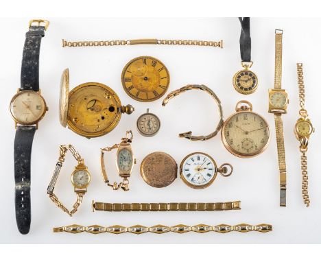 A collection of pocket and wristwatches to include a LeCoultre pocket watch, a small lady's 9ct gold fob watch and various ot