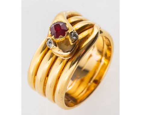 A Victorian snake ring, a coiled snake designed ring, its head set with an oval-cut ruby, ruby approx. 0.40 carat, and two ol