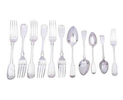Six George IV Irish silver Fiddle pattern table forks by Philip Weekes, Dublin 1832, with a pair of dessert spoons, a pair of