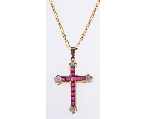 A cross designed pendant, set with square-cut rubies and brilliant-cut diamonds, marked 375, measuring approx. 2.70cm x 1.50c