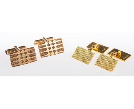Two pairs of cufflinks, including a pair of 18ct yellow gold rectangular engine turned engraved cufflinks, chain link fitting
