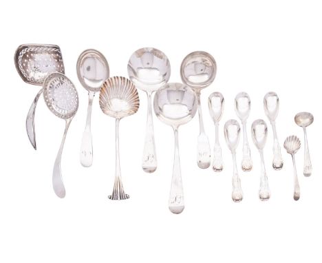 A collection of silver ladles and spoons comprising of: a mid Georgian Onslow pattern sauce ladle, maker's mark WJ (not trace