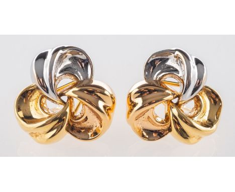 A pair of 18ct three colour gold earrings, of openwork knot design, with post & clip fitting, UK import mark, diameter approx