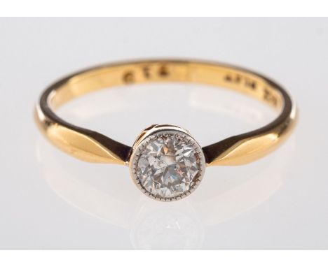 A solitaire ring, milgrain & bezel set with an old brilliant-cut diamond, diamond approx. 0.40 carat, marked 18ct, Plat, size
