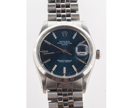 Rolex Oyster a mid-1980s gentleman's stainless-steel wristwatch the blue dial with baton numerals, sweep seconds hand, date a