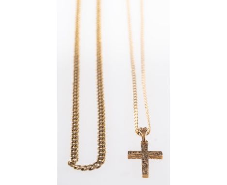 A cross designed pendant and two chains, a 9ct yellow gold cross with scroll decoration to one side and a textured finish to 